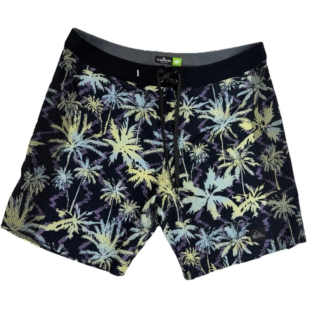 Quiksilver Highline Men's Board‎ Shorts Sz 36 Palm Tree Neon Black Surf Swim